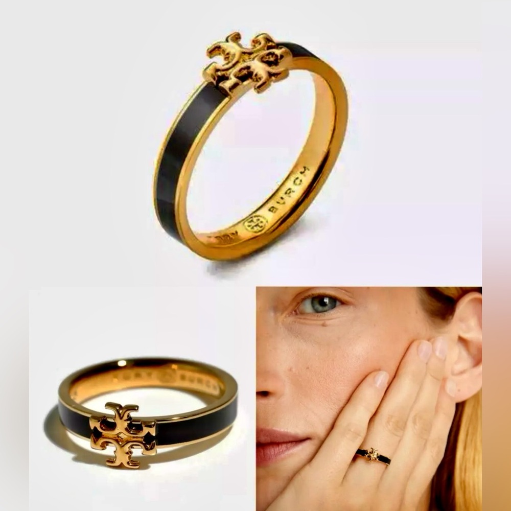 Tory Burch NWT Ring Gold tone Band T’s Logo center, enamel, only black left
